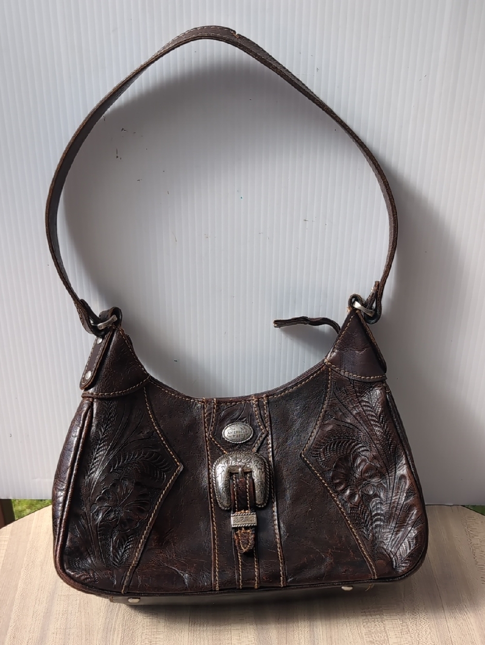 Vintage American West Brown Tooled Leather Shoulder Bag with Silver Buckle